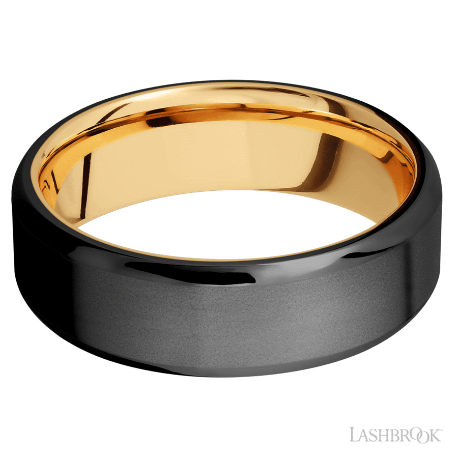 7 mm wide Beveled Zirconium band featuring a 14K Yellow Gold sleeve. view 3