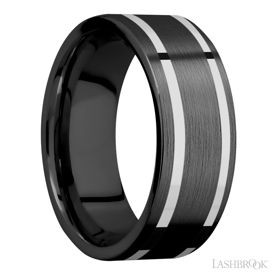 8 mm wide/Flat/Zirconium band with two 1 mm Wide inlays of 14K White Gold. view 2
