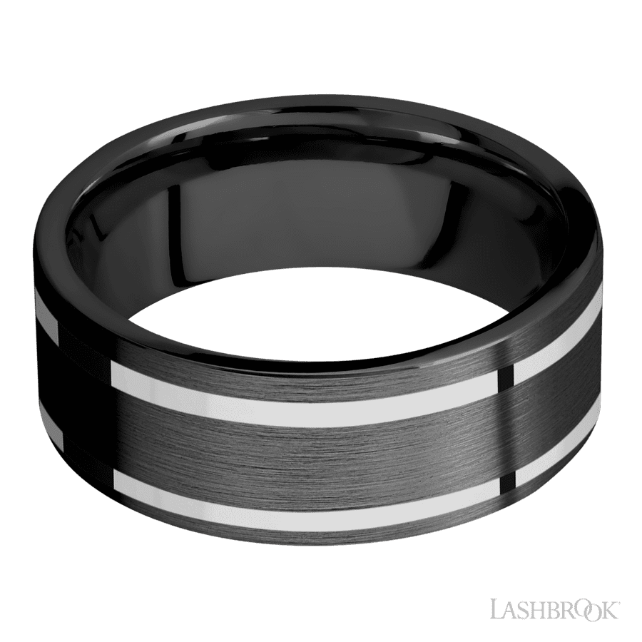 8 mm wide/Flat/Zirconium band with two 1 mm Wide inlays of 14K White Gold. view 3