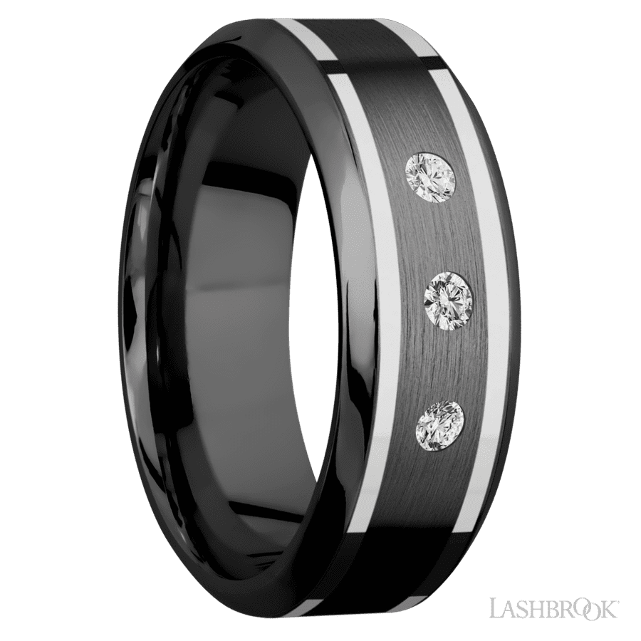 8 mm wide/High Bevel/Zirconium band with  two 1 mm Wide inlays of 14K White Gold and featuring an  arrangement of 3, .05 carat Round Diamond (ST) stones in a Flush setting view 2