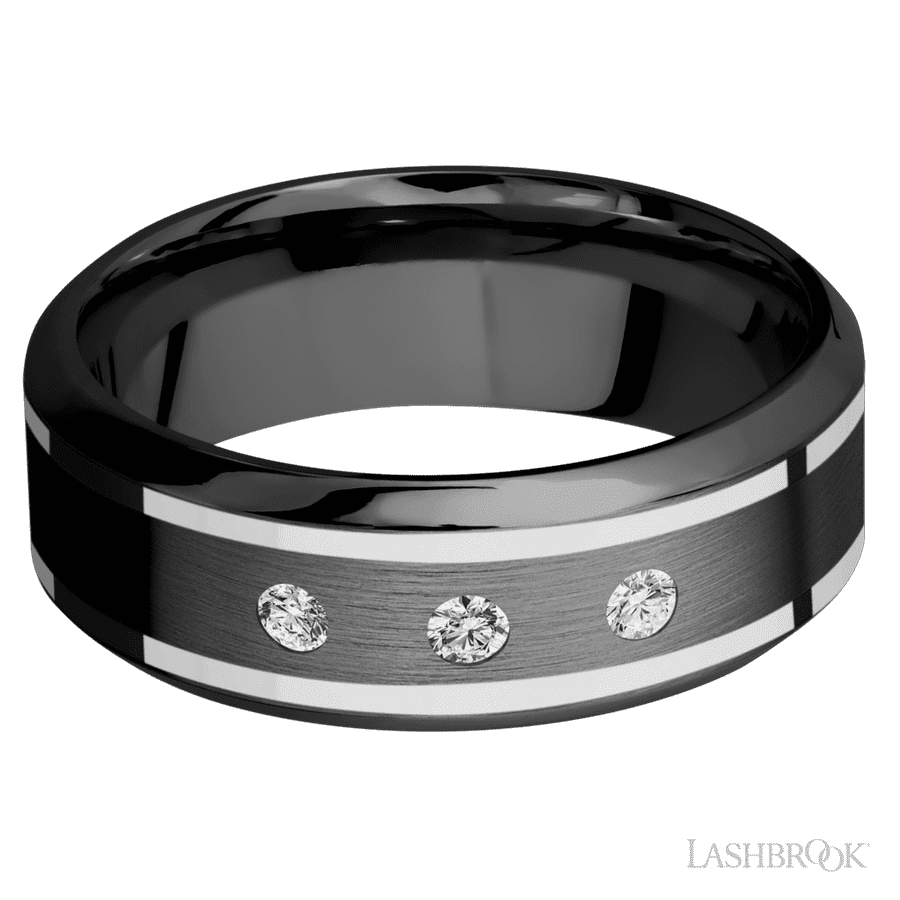 8 mm wide/High Bevel/Zirconium band with  two 1 mm Wide inlays of 14K White Gold and featuring an  arrangement of 3, .05 carat Round Diamond (ST) stones in a Flush setting view 3