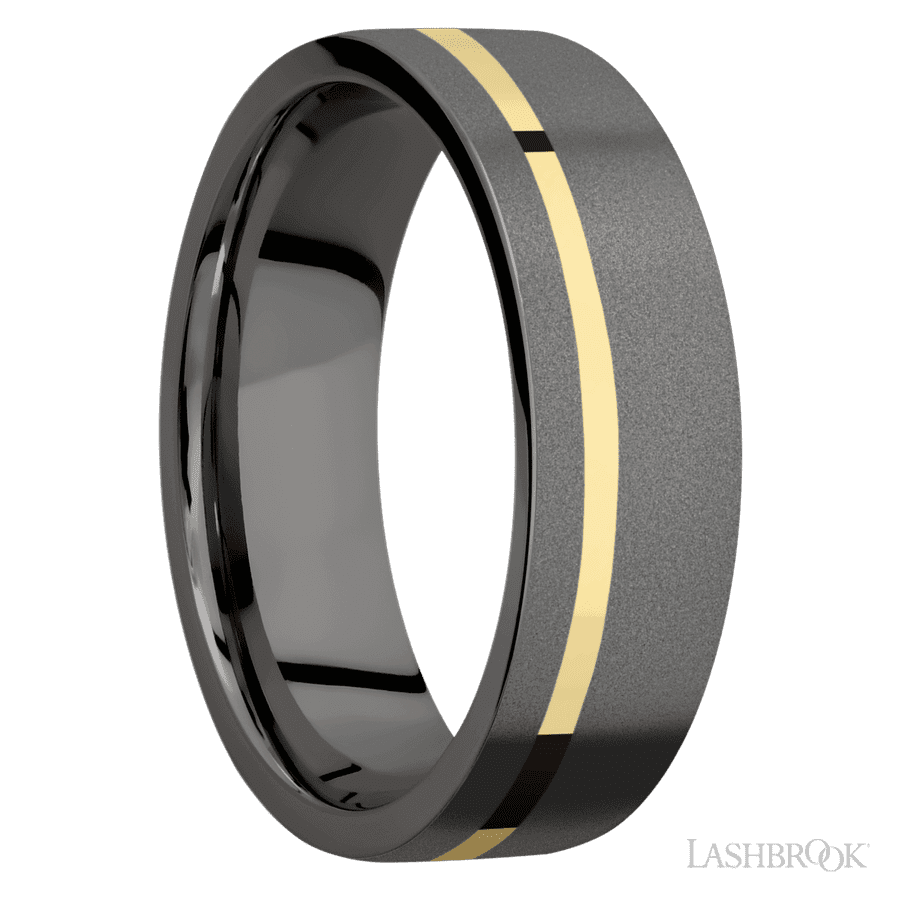 7 mm wide/Flat/Tantalum Noir band with one 1 mm Off Center inlay of 14K Yellow Gold. view 2