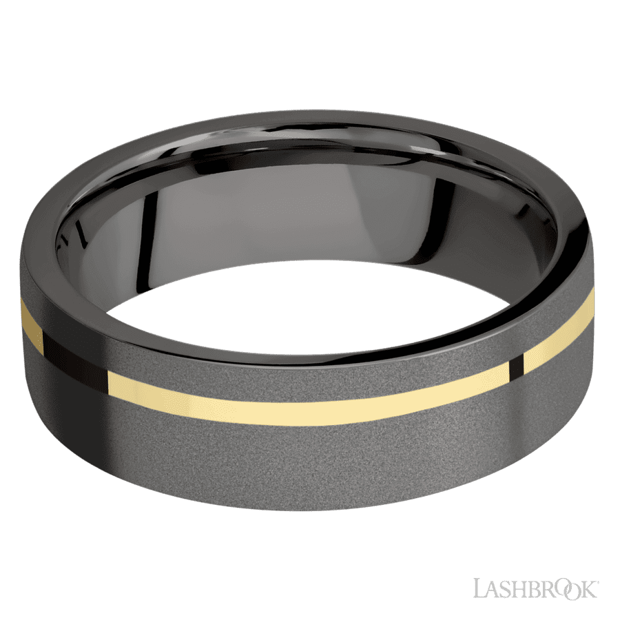 7 mm wide/Flat/Tantalum Noir band with one 1 mm Off Center inlay of 14K Yellow Gold. view 3