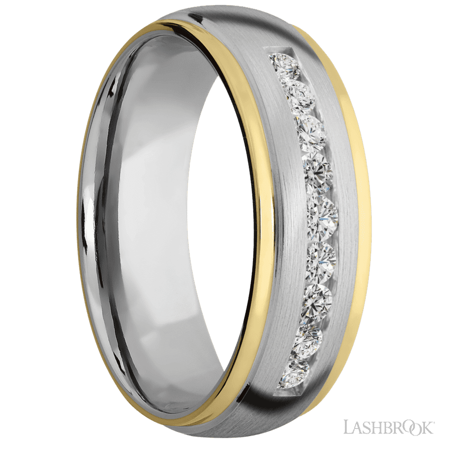 7 mm wide/Domed Stepped Down Edges/Cobalt Chrome band with an  arrangement of 9, .05 carat Round Lab Grown Diamond stones in a Channel setting and featuring two 1 mm Edge inlays of 14K Yellow Gold view 2