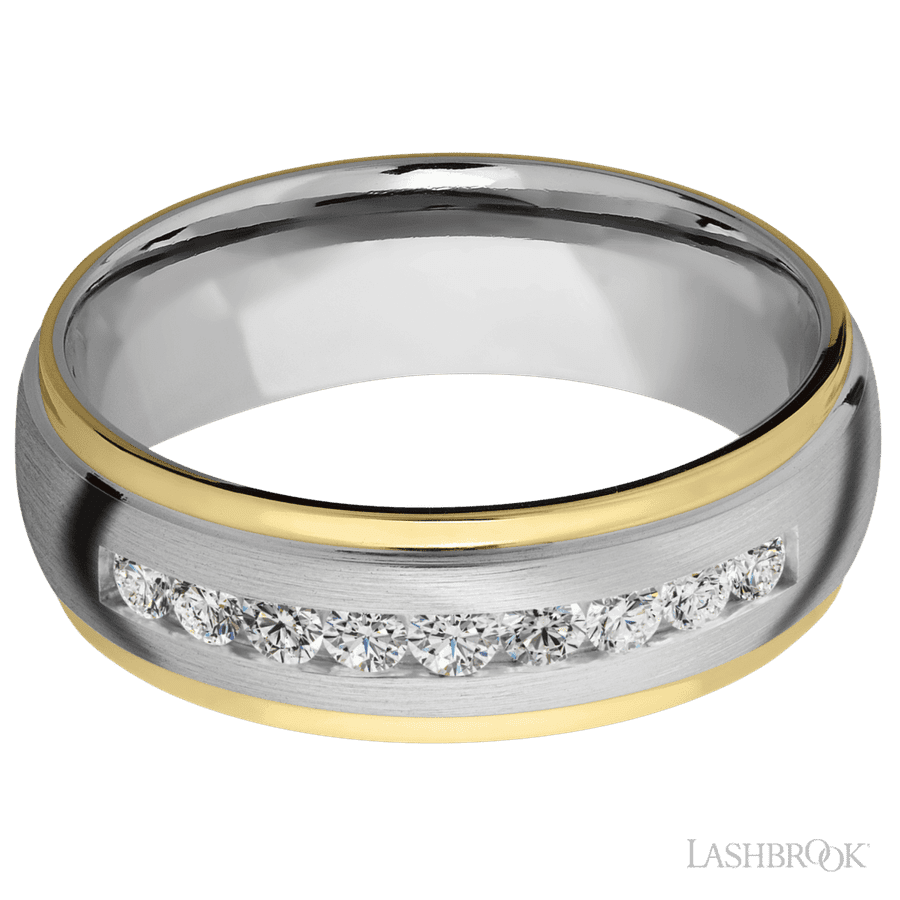 7 mm wide/Domed Stepped Down Edges/Cobalt Chrome band with an  arrangement of 9, .05 carat Round Lab Grown Diamond stones in a Channel setting and featuring two 1 mm Edge inlays of 14K Yellow Gold view 3