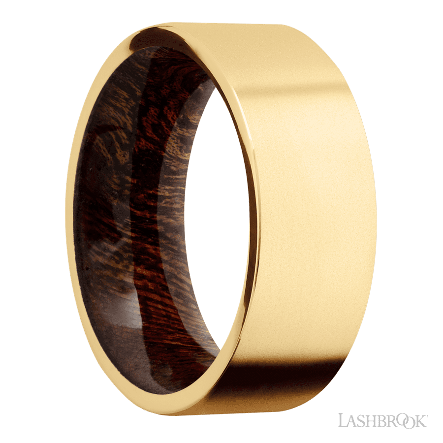 8 mm wide Flat 14K Yellow Gold band featuring a Sapele sleeve. view 2