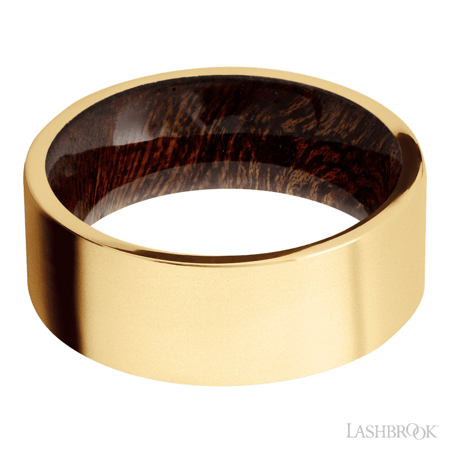 8 mm wide Flat 14K Yellow Gold band featuring a Sapele sleeve. view 3