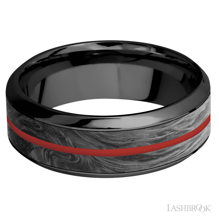 8 mm wide/High Bevel/Zirconium band featuring inlays of Forged Carbon Fiber and USMC Red. view 3