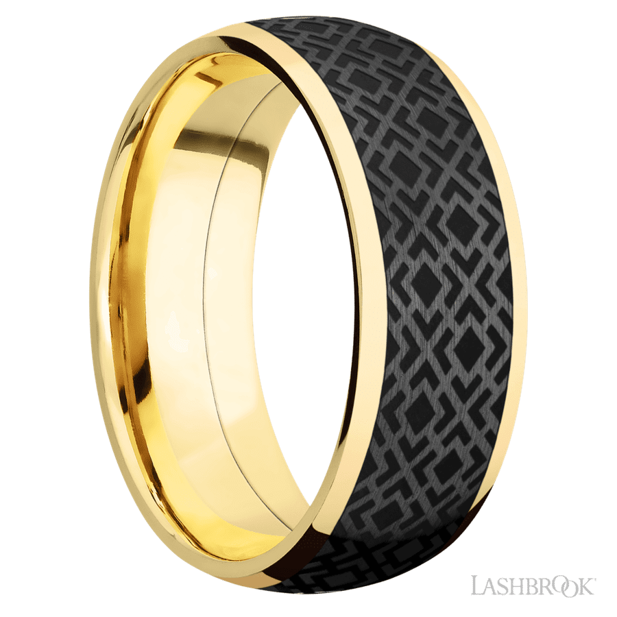 8 mm wide/Domed/14K Yellow Gold band with one 6 mm Centered inlay of Zirconium with a laser carved Trellis 2 pattern. view 2