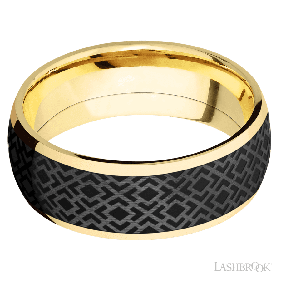 8 mm wide/Domed/14K Yellow Gold band with one 6 mm Centered inlay of Zirconium with a laser carved Trellis 2 pattern. view 3