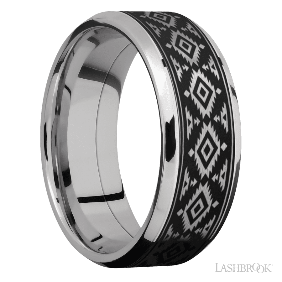 8 mm wide/Beveled/Cobalt Chrome band with one 6 mm Centered inlay of Tantalum with a laser carved Aztec 2 pattern. view 2
