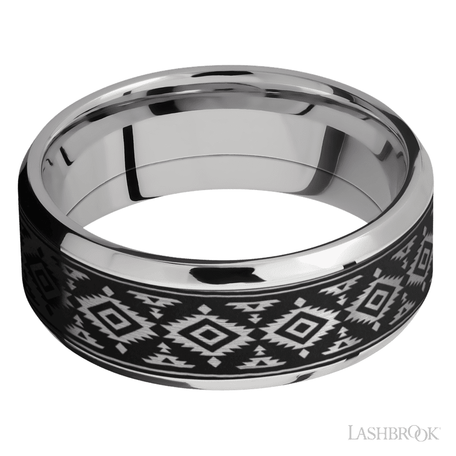 8 mm wide/Beveled/Cobalt Chrome band with one 6 mm Centered inlay of Tantalum with a laser carved Aztec 2 pattern. view 3