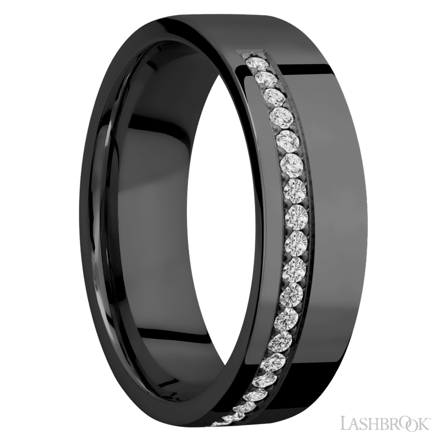 7 mm wide/Flat/Zirconium band with a Off Center Half Eternity arrangement of .015 carat Round Diamond stones in a Bead setting. view 2