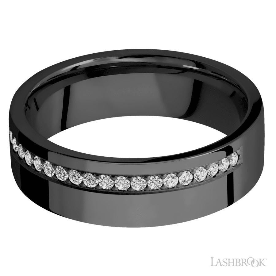 7 mm wide/Flat/Zirconium band with a Off Center Half Eternity arrangement of .015 carat Round Diamond stones in a Bead setting. view 3