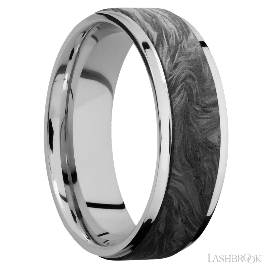 7 mm wide/Flat Grooved Edges/Cobalt Chrome band with one 5 mm Raised Centered inlay of Forged Carbon Fiber. view 2