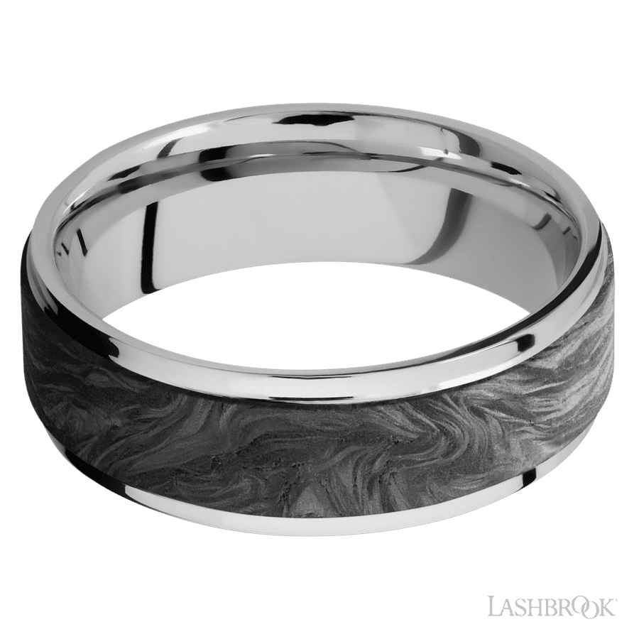 7 mm wide/Flat Grooved Edges/Cobalt Chrome band with one 5 mm Raised Centered inlay of Forged Carbon Fiber. view 3