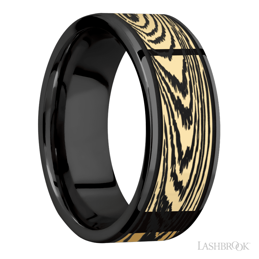 8 mm wide/Flat/Zirconium band with one 6 mm Centered inlay of 14K Yellow Gold with a laser carved Woodgrain pattern. view 2