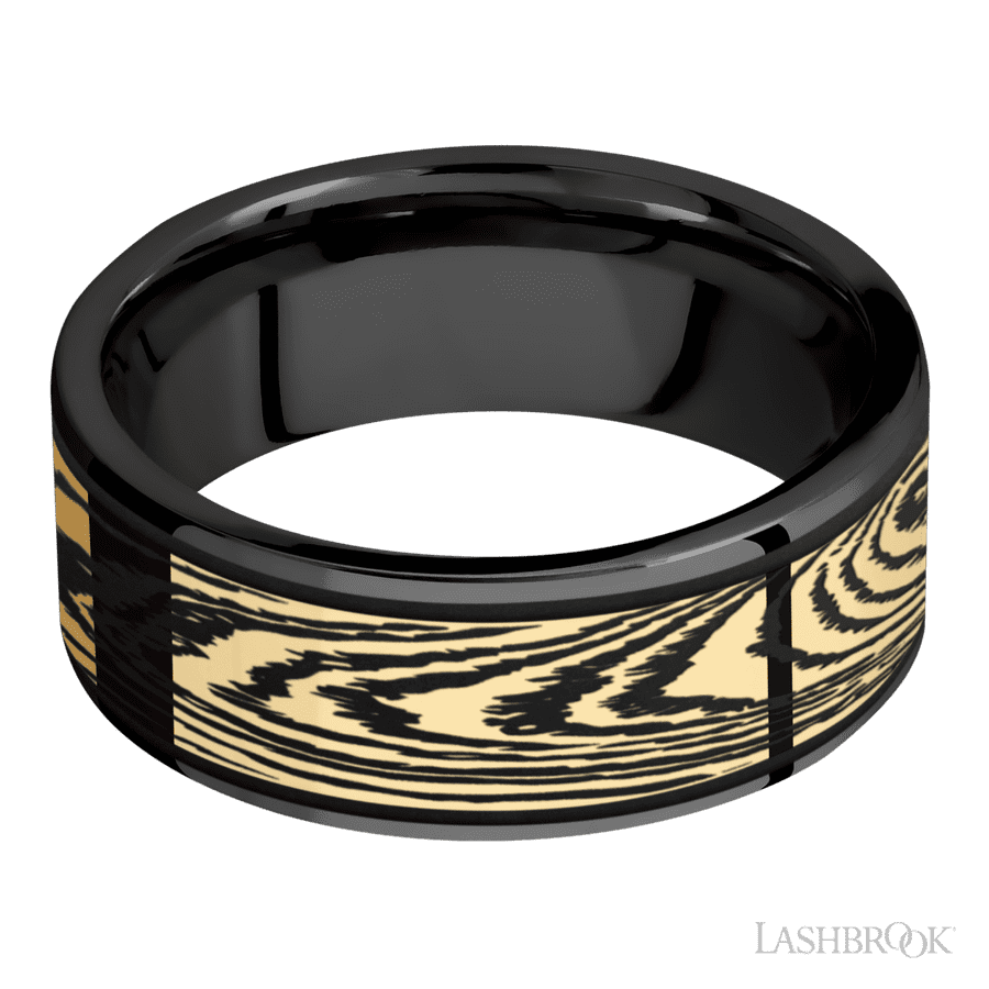 8 mm wide/Flat/Zirconium band with one 6 mm Centered inlay of 14K Yellow Gold with a laser carved Woodgrain pattern. view 3