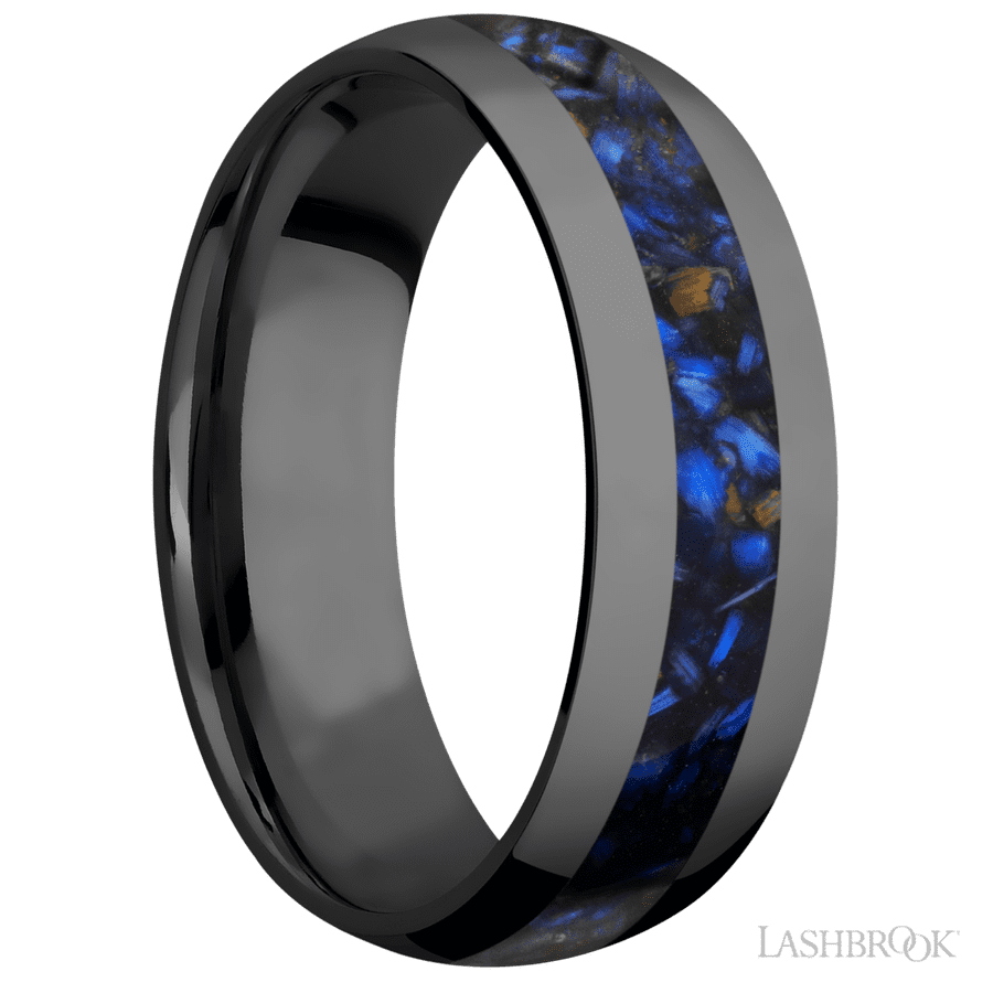 7 mm wide/Domed/Zirconium band with one 3 mm Centered inlay of Blue Tiger Eye. view 2