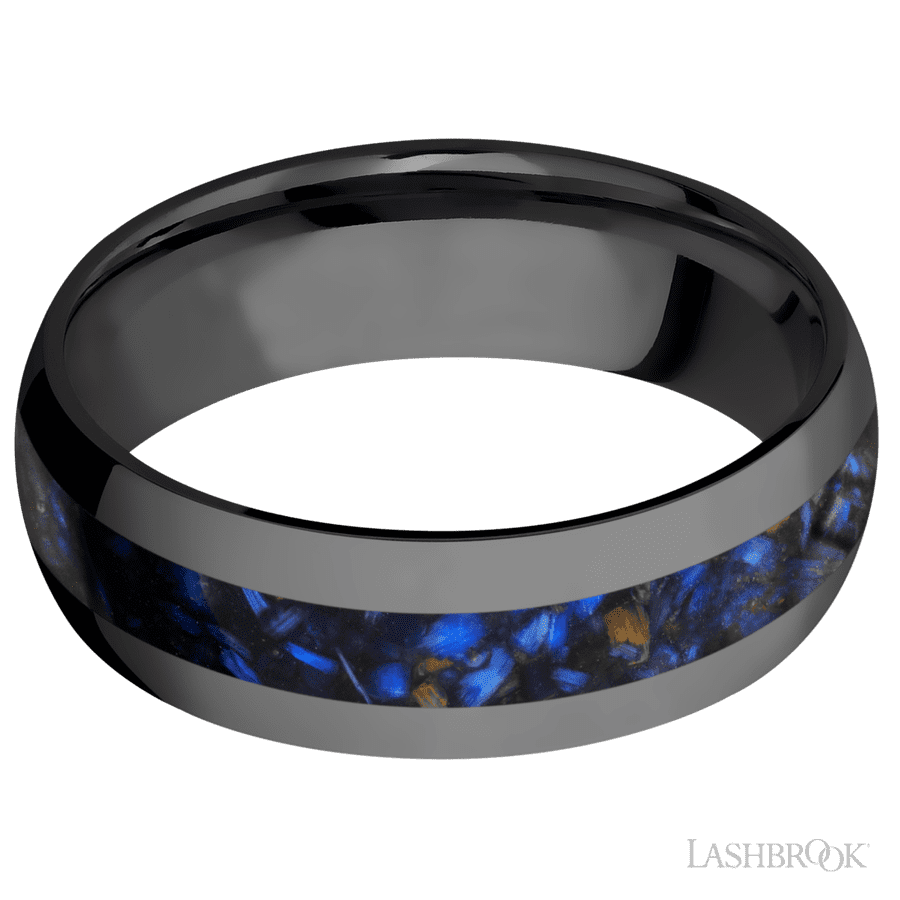 7 mm wide/Domed/Zirconium band with one 3 mm Centered inlay of Blue Tiger Eye. view 3