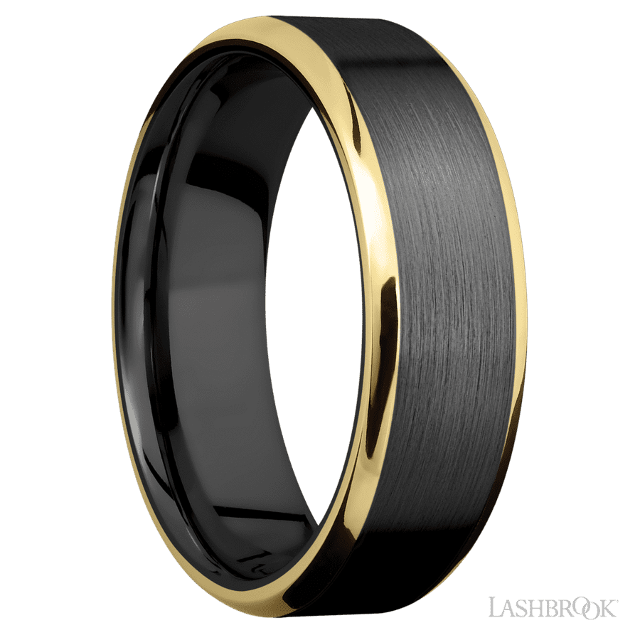7 mm wide/Beveled/Zirconium band with two 1 mm Edge inlays of 14K Yellow Gold. view 2