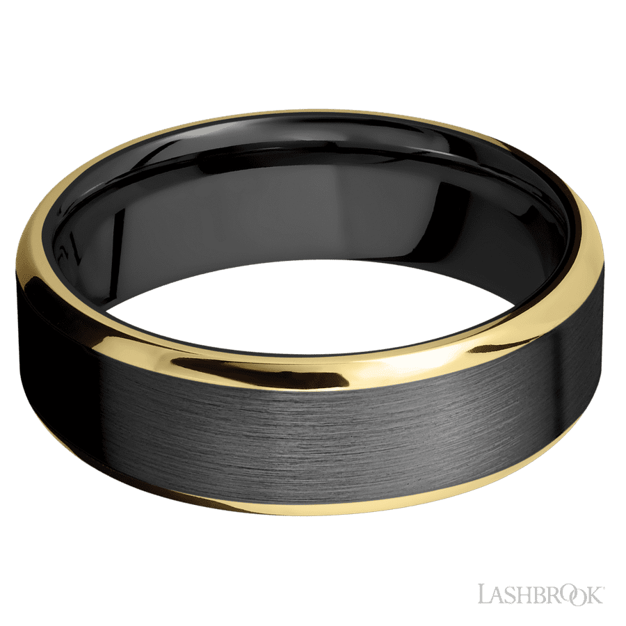 7 mm wide/Beveled/Zirconium band with two 1 mm Edge inlays of 14K Yellow Gold. view 3