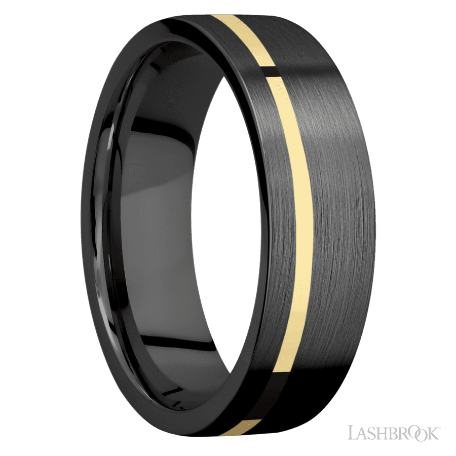 7 mm wide/Flat/Zirconium band with one 1 mm Off Center inlay of 14K Yellow Gold. view 2