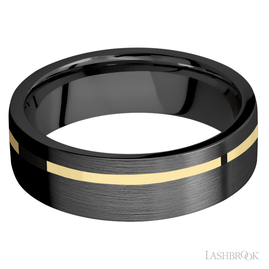 7 mm wide/Flat/Zirconium band with one 1 mm Off Center inlay of 14K Yellow Gold. view 3