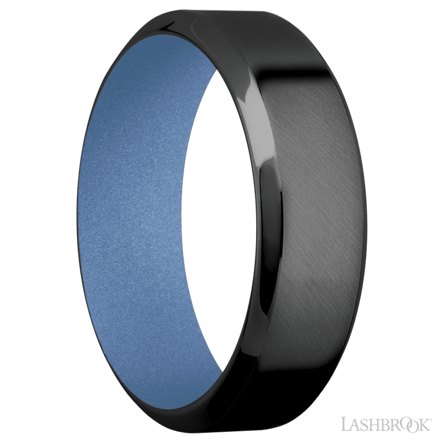 7 mm wide High Bevel Zirconium band featuring a Crushed Orchid sleeve. view 2