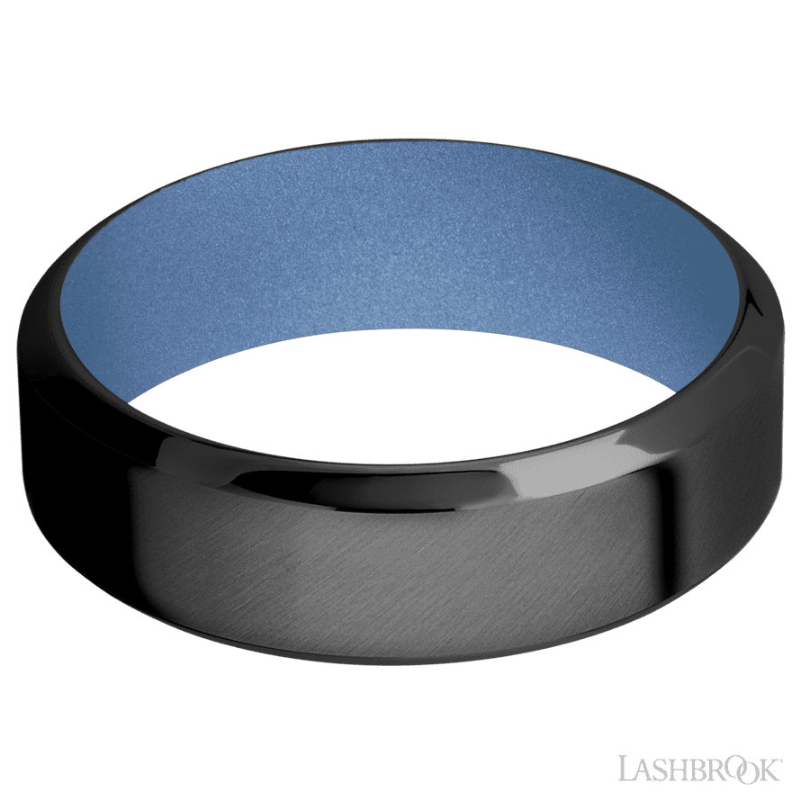 7 mm wide High Bevel Zirconium band featuring a Crushed Orchid sleeve. view 3
