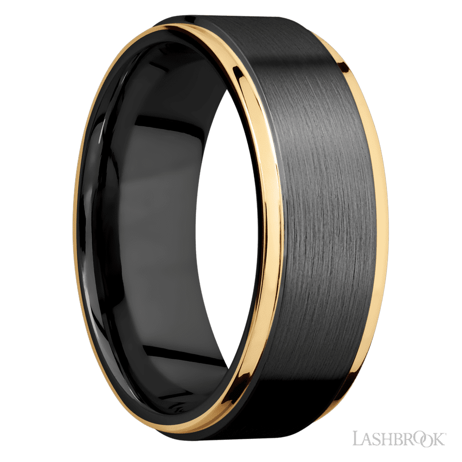 8 mm wide/Flat Grooved Edges/Zirconium band with two 1 mm Edge inlays of 14K Yellow Gold. view 2