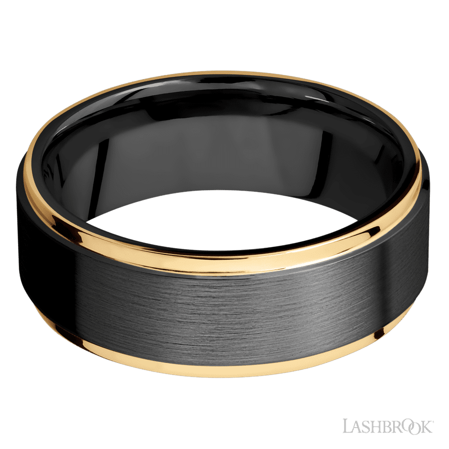 8 mm wide/Flat Grooved Edges/Zirconium band with two 1 mm Edge inlays of 14K Yellow Gold. view 3