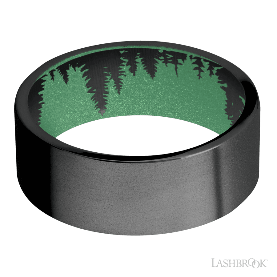 8 mm wide Flat Zirconium band featuring a Squatch sleeve. view 3