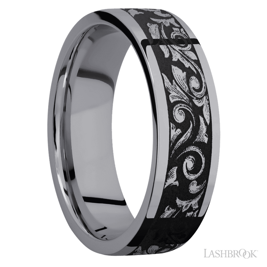7 mm wide/Flat/Tantalum band with a laser carved Western Scroll pattern. view 2