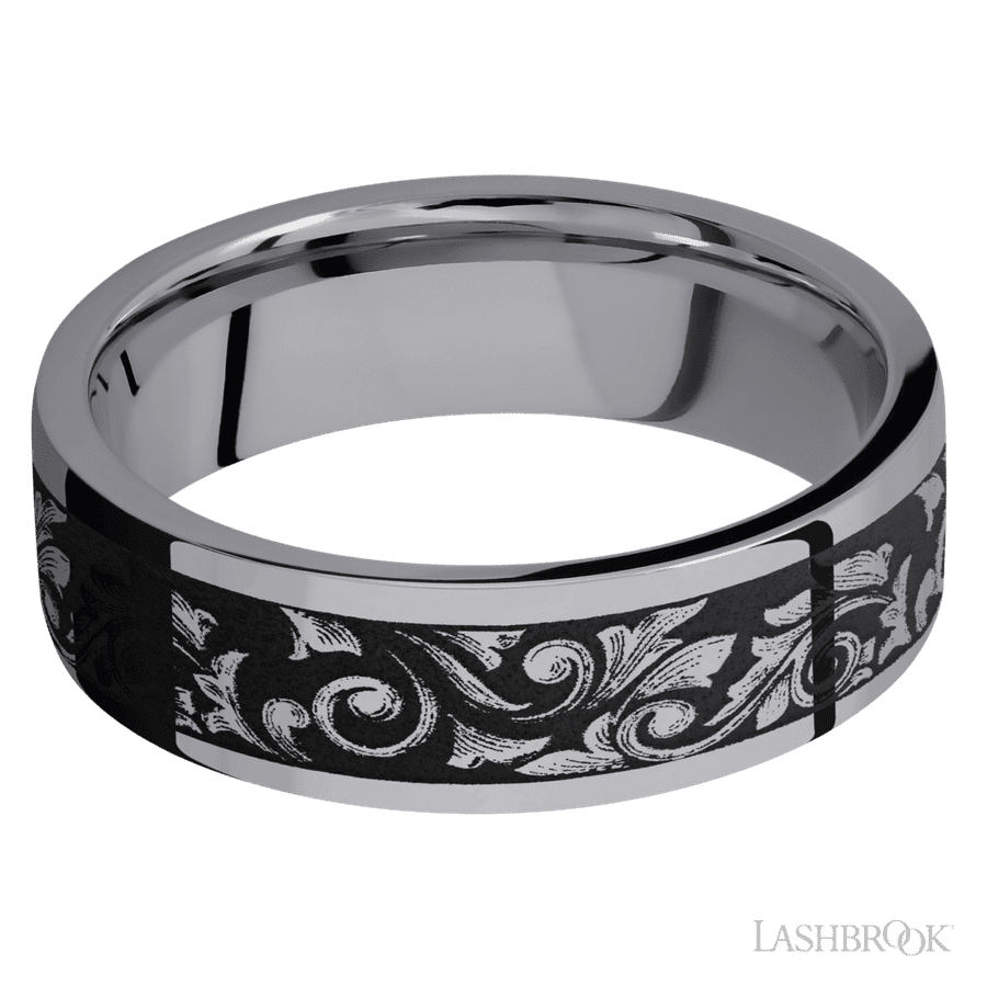 7 mm wide/Flat/Tantalum band with a laser carved Western Scroll pattern. view 3