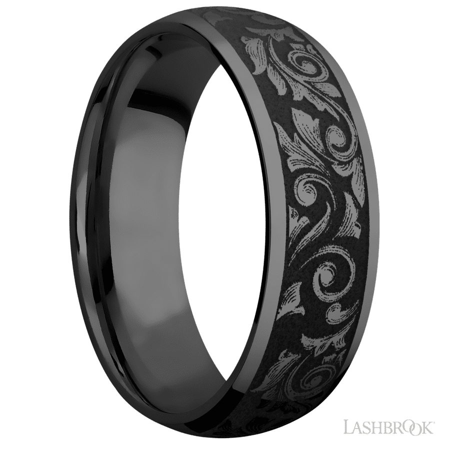 7 mm wide/Domed/Zirconium band with a laser carved Western Scroll pattern. view 2