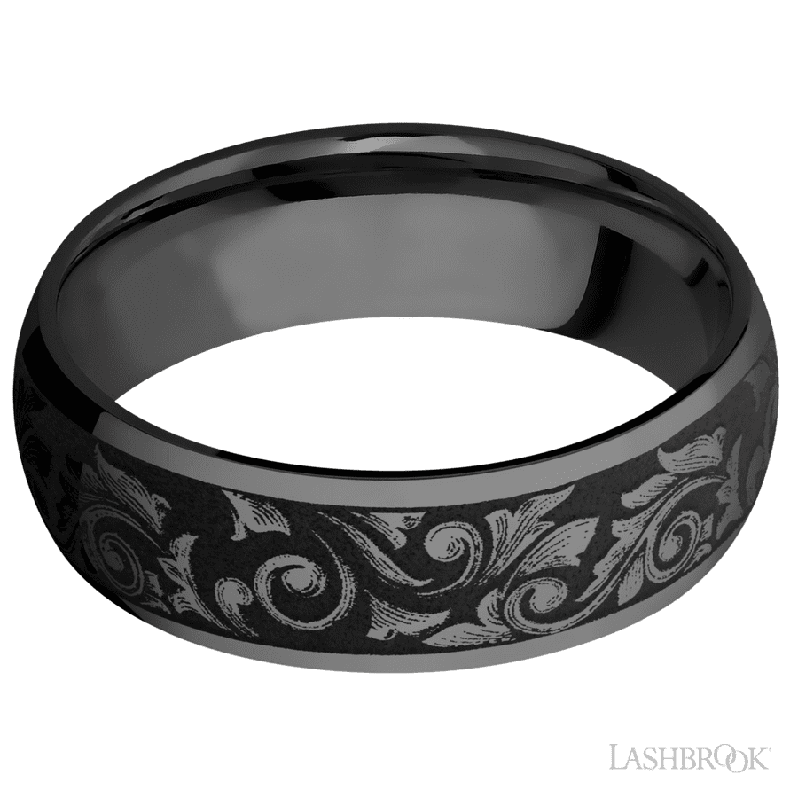 7 mm wide/Domed/Zirconium band with a laser carved Western Scroll pattern. view 3