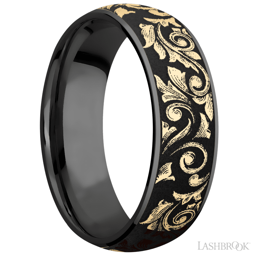 7 mm wide/Domed/Zirconium band with one 6 mm Centered inlay of 14K Yellow Gold with a laser carved Western Scroll pattern. view 2