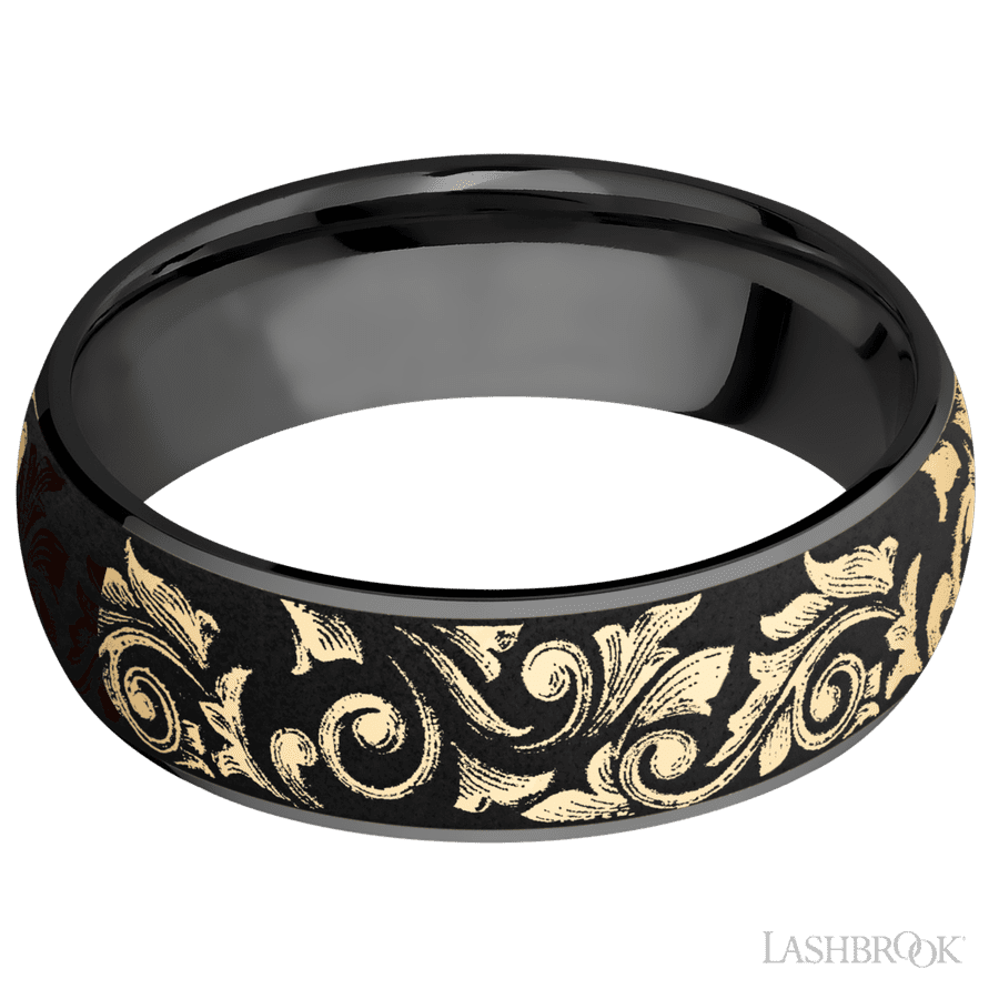 7 mm wide/Domed/Zirconium band with one 6 mm Centered inlay of 14K Yellow Gold with a laser carved Western Scroll pattern. view 3