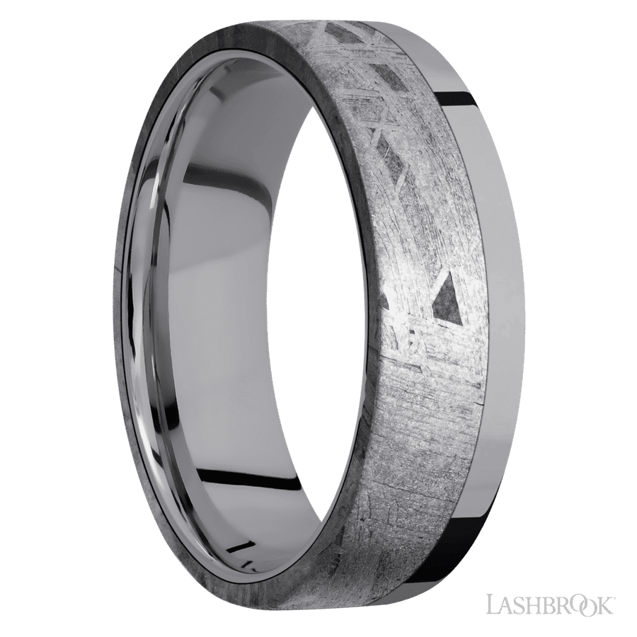 7 mm wide/Flat/Tantalum band with one 5 mm Off Center Edge inlay of Meteorite. view 2