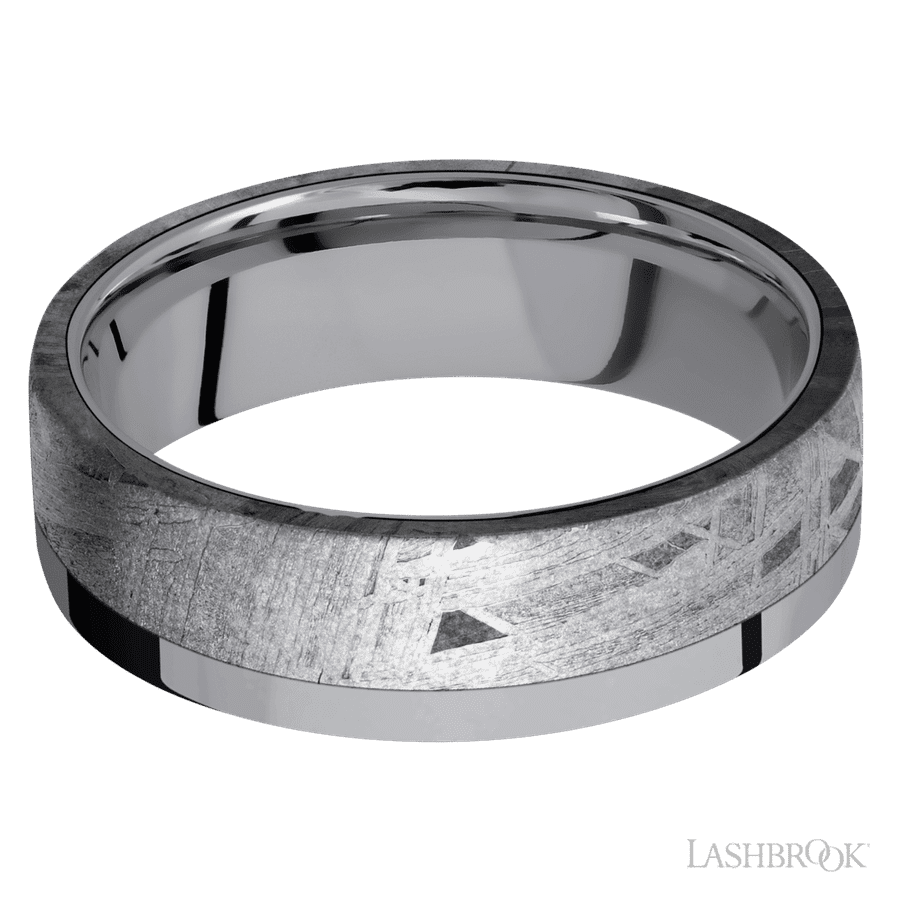 7 mm wide/Flat/Tantalum band with one 5 mm Off Center Edge inlay of Meteorite. view 3