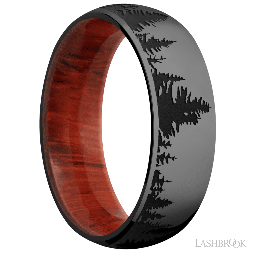 7 mm wide/Domed/Zirconium band with a laser carved Trees pattern also featuring a Padauk sleeve. view 2