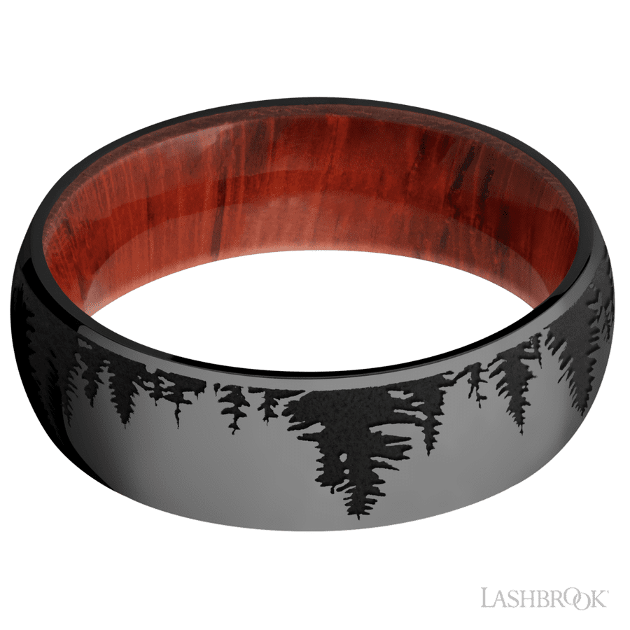 7 mm wide/Domed/Zirconium band with a laser carved Trees pattern also featuring a Padauk sleeve. view 3