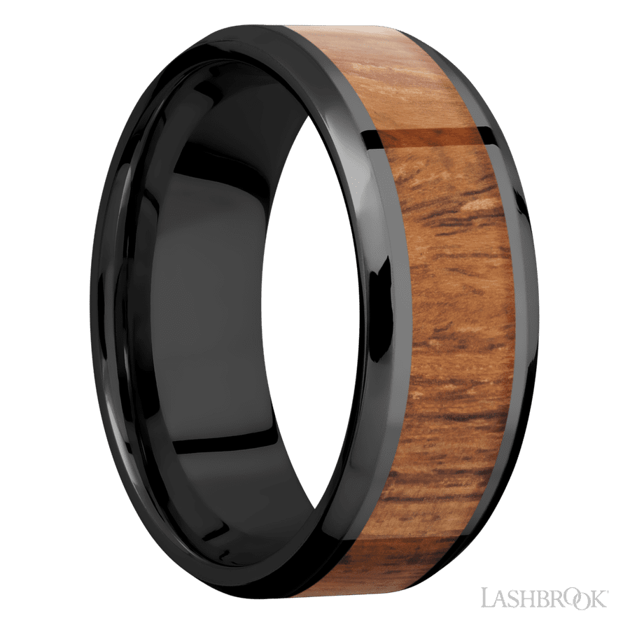 8 mm wide/Beveled/Zirconium band with one 5 mm Centered inlay of Desert Iron Wood. view 2