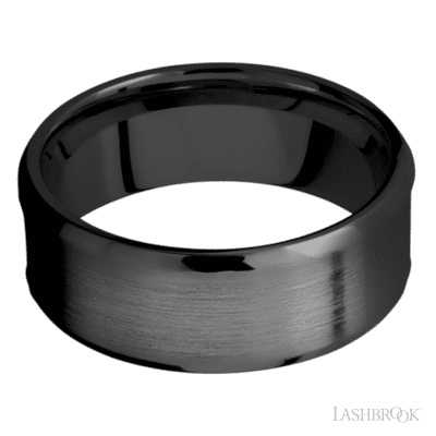 8 mm wide/Beveled/Zirconium band with one 5 mm Centered inlay of Desert Iron Wood. view 3