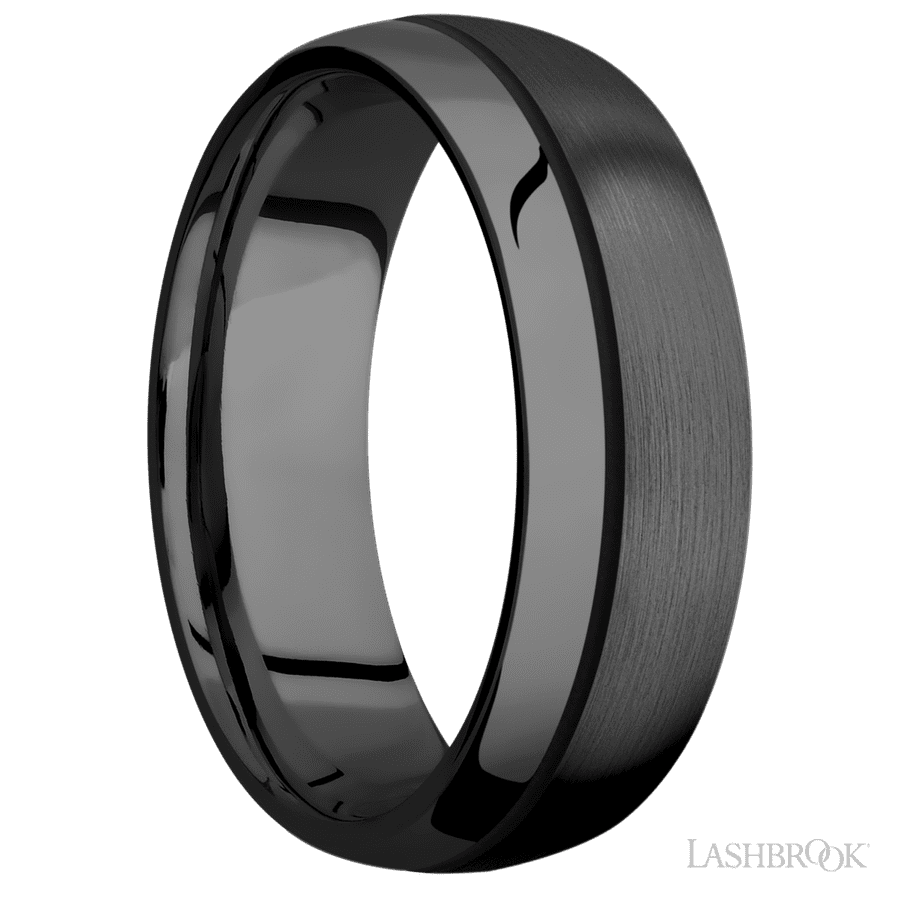 7 mm wide/Domed/Zirconium band with one 0.5 mm Off Center inlay of Black. view 2