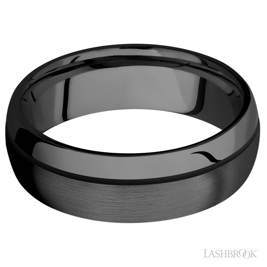 7 mm wide/Domed/Zirconium band with one 0.5 mm Off Center inlay of Black. view 3