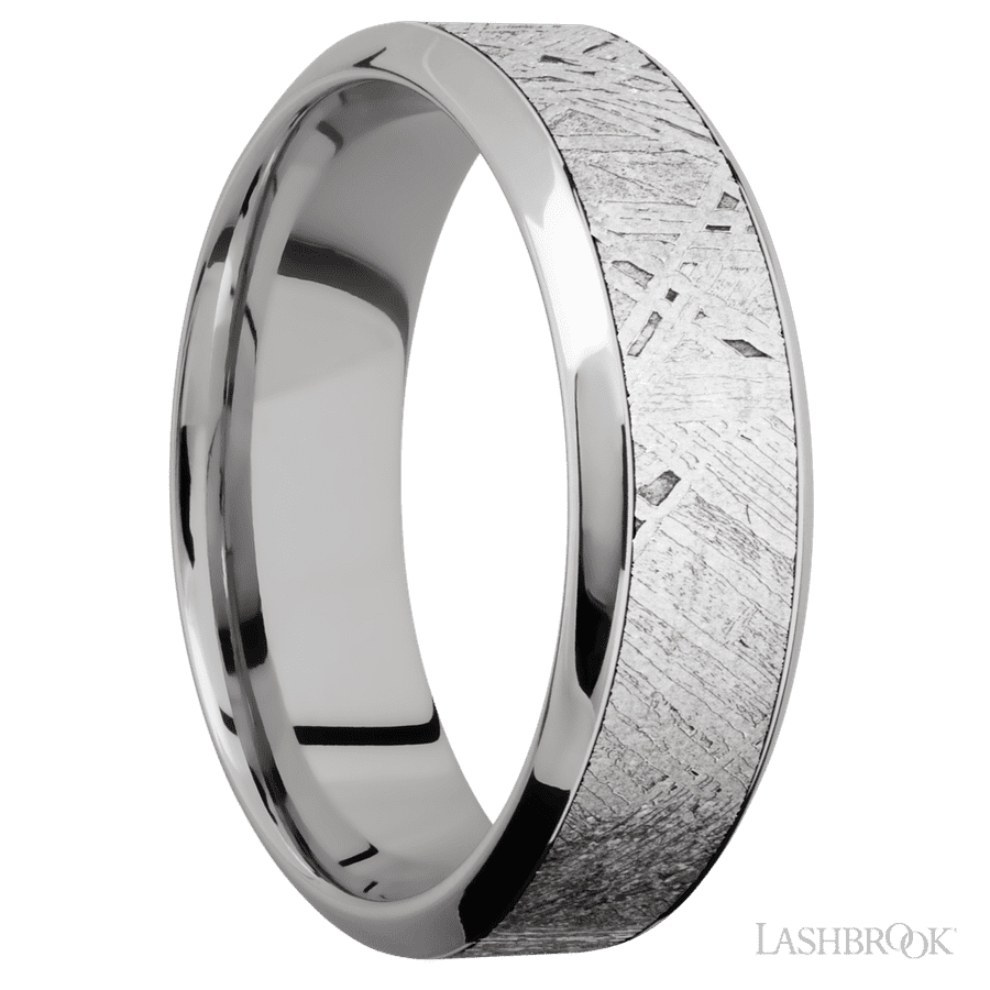 7 mm wide/High Bevel/18K White Gold band with one 4 mm Centered inlay of Meteorite. view 2
