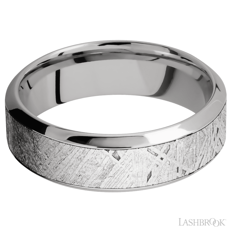 7 mm wide/High Bevel/18K White Gold band with one 4 mm Centered inlay of Meteorite. view 3