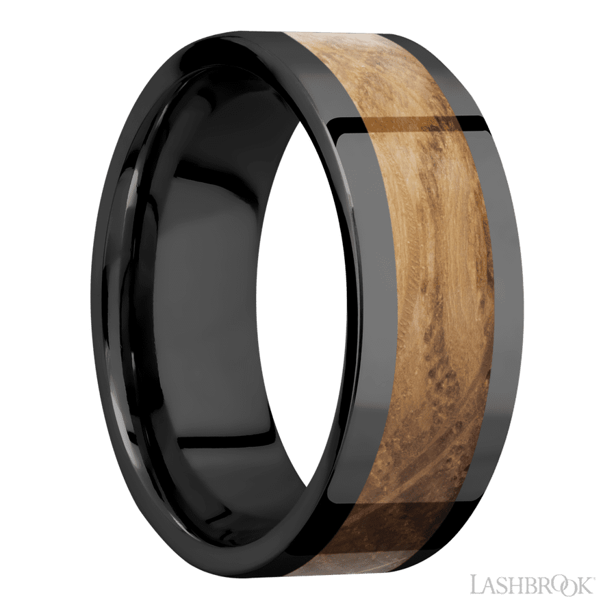 8 mm wide/Flat/Zirconium band with one 5 mm Centered inlay of Whiskey Barrel. view 2
